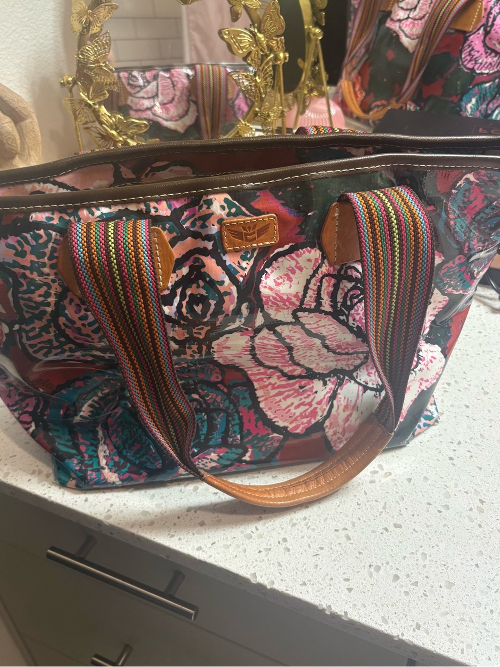 Consuela Floral Multicolor Tote Bag with Striped Handles - flaws pictured